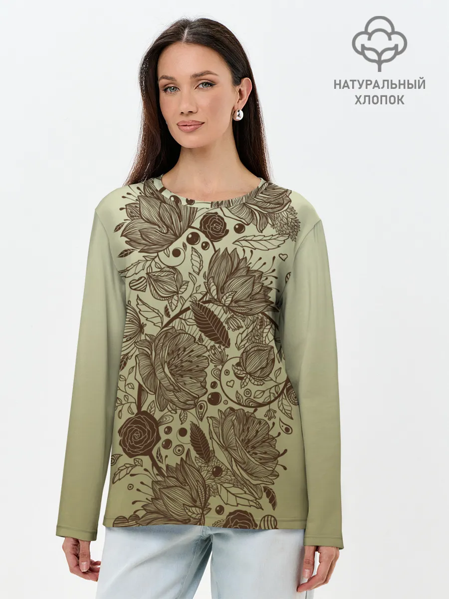 Лонгслив женский. Хлопок / чехол дудлинг цветы
