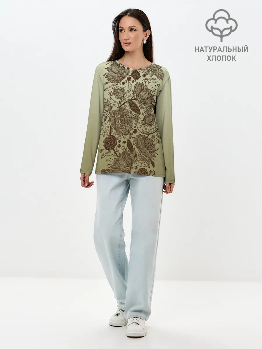 Лонгслив женский. Хлопок / чехол дудлинг цветы