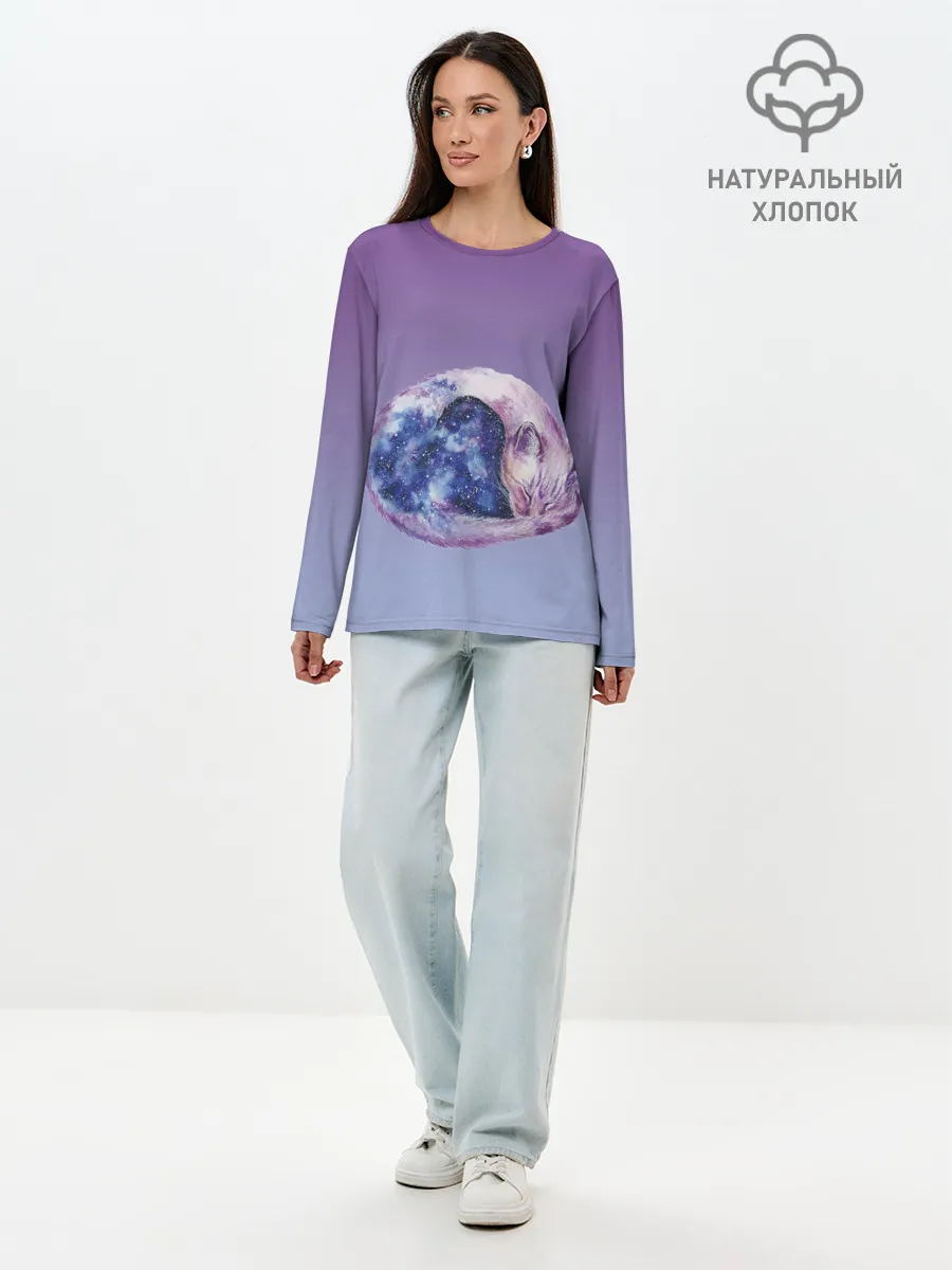 Лонгслив женский. Хлопок / кот звездное небо спит