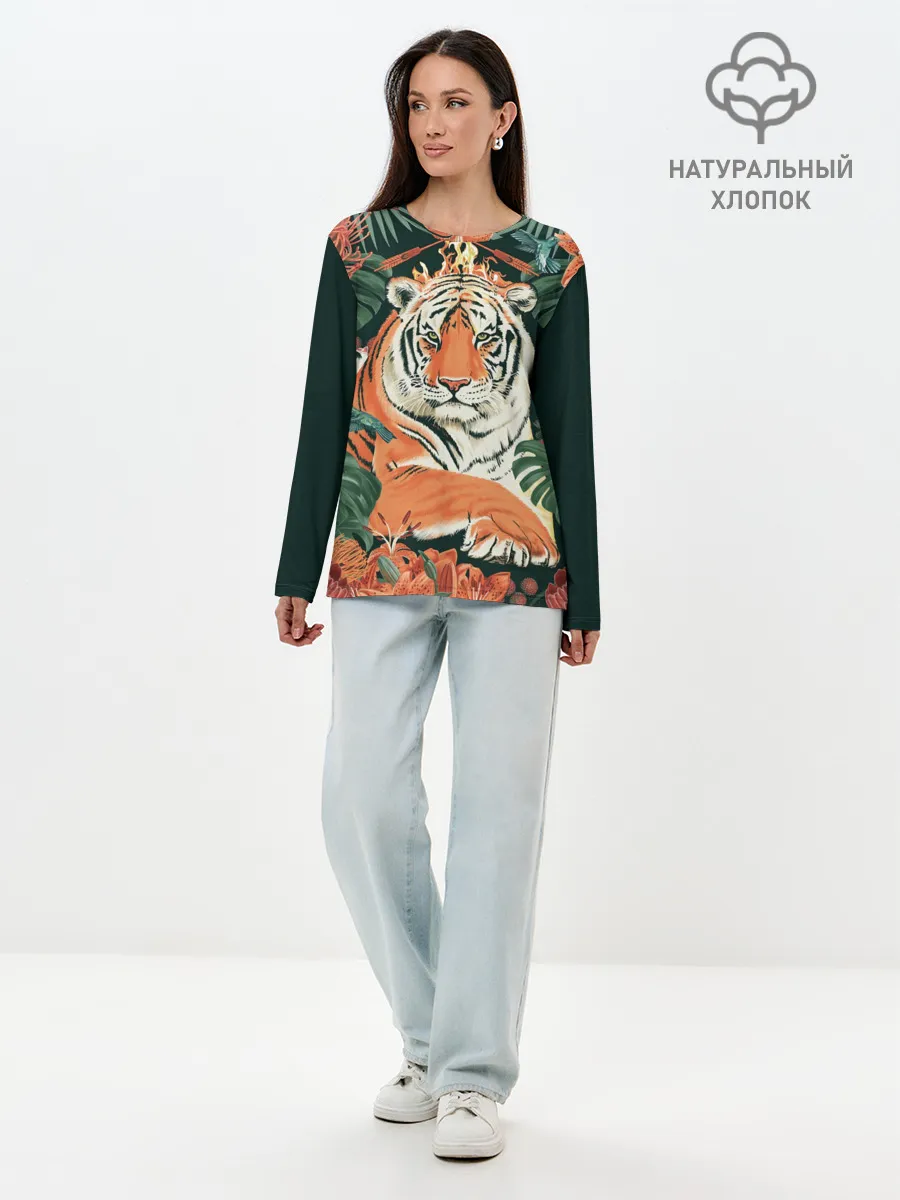 Лонгслив женский. Хлопок / Огненный Тигр в Цветах