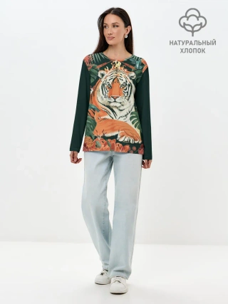 Лонгслив женский. Хлопок / Огненный Тигр в Цветах