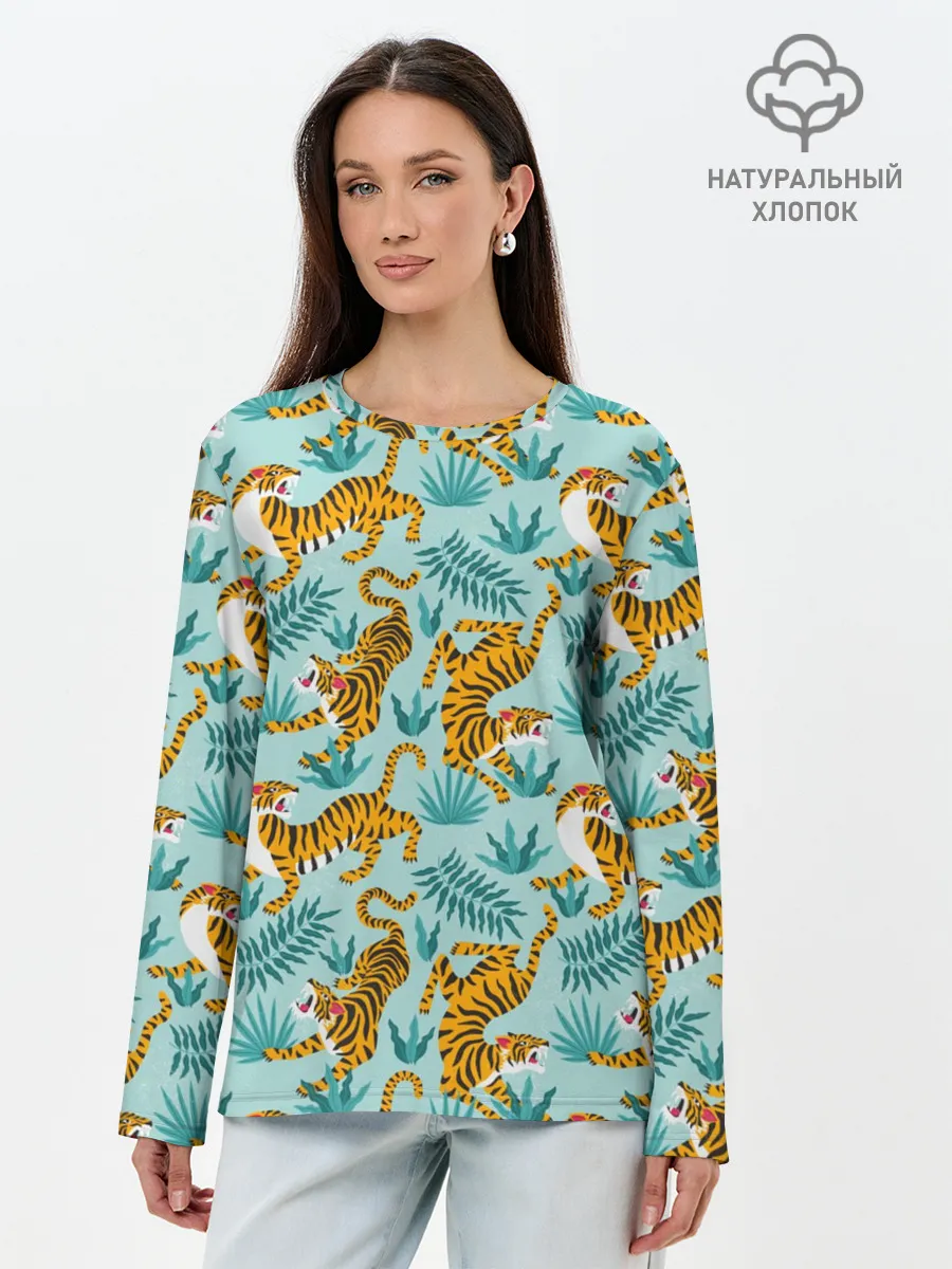 Лонгслив женский. Хлопок / Рычащие Тигры Паттерн