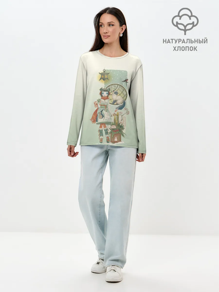 Лонгслив женский. Хлопок / девушка кимоно зима Япония кот