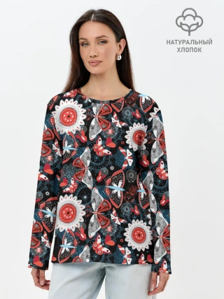 Лонгслив женский. Хлопок / Паттерн из Бабочек с Цветами