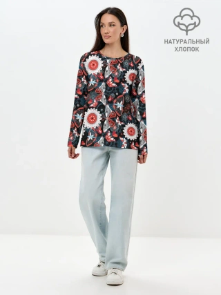 Лонгслив женский. Хлопок / Паттерн из Бабочек с Цветами