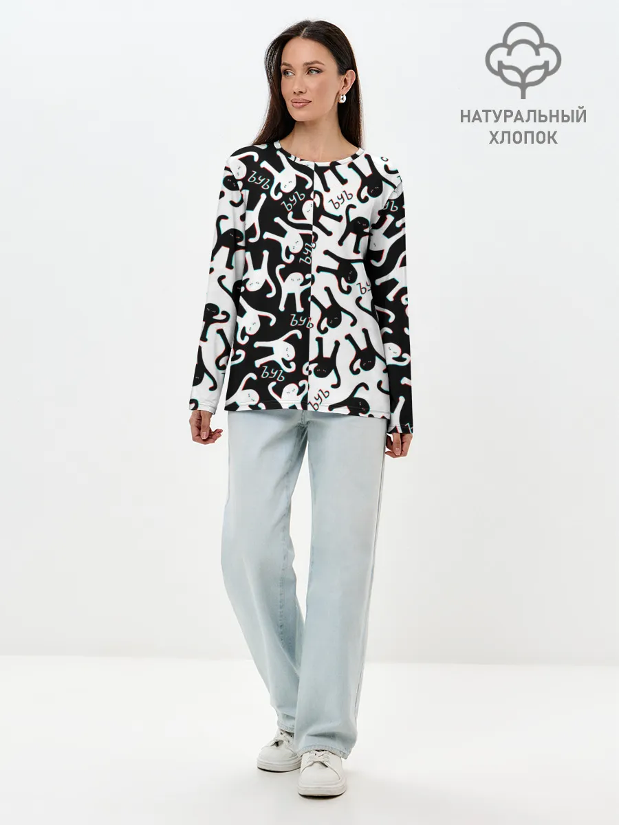 Лонгслив женский. Хлопок / МЕМ КОТ ЪУЪ СЪУКА