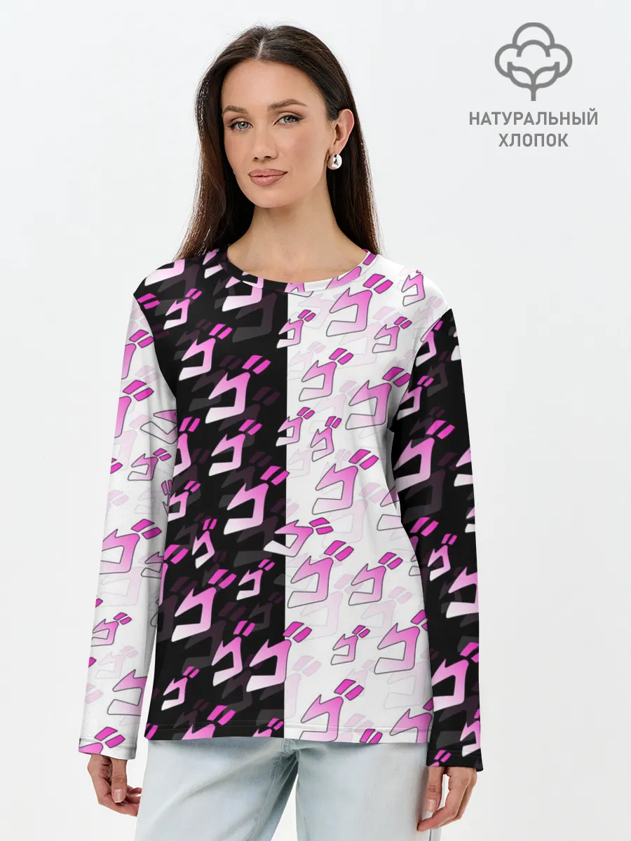 Лонгслив женский. Хлопок / Розовые джоджо на чернобелом