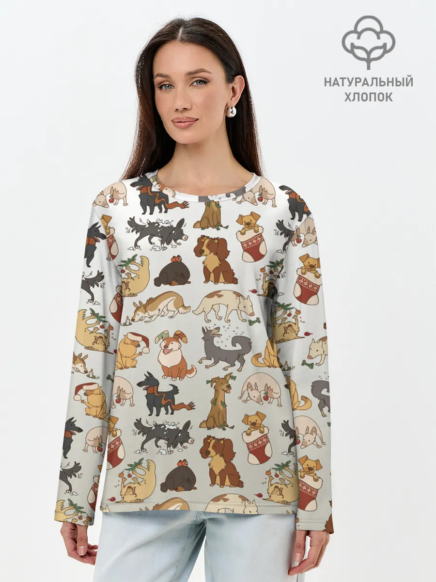 Лонгслив женский. Хлопок / узор песики собачки гав