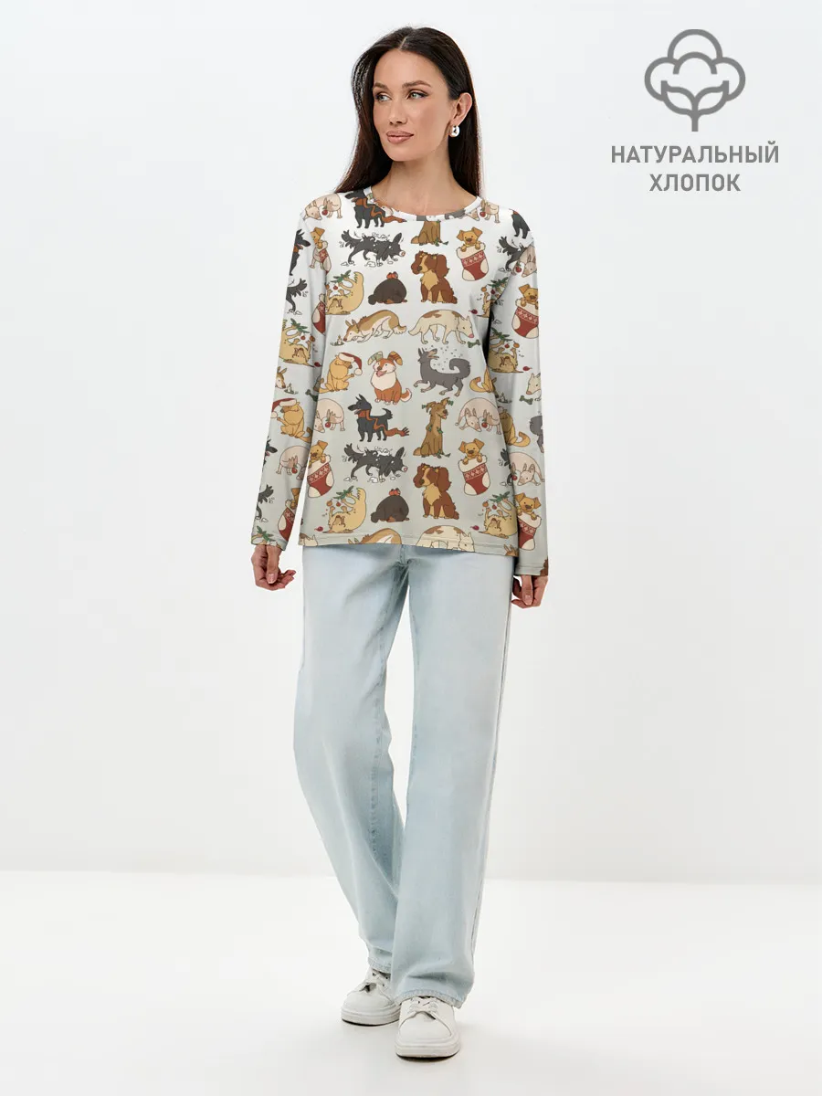 Лонгслив женский. Хлопок / узор песики собачки гав