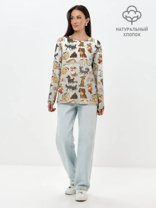 Лонгслив женский. Хлопок / узор песики собачки гав