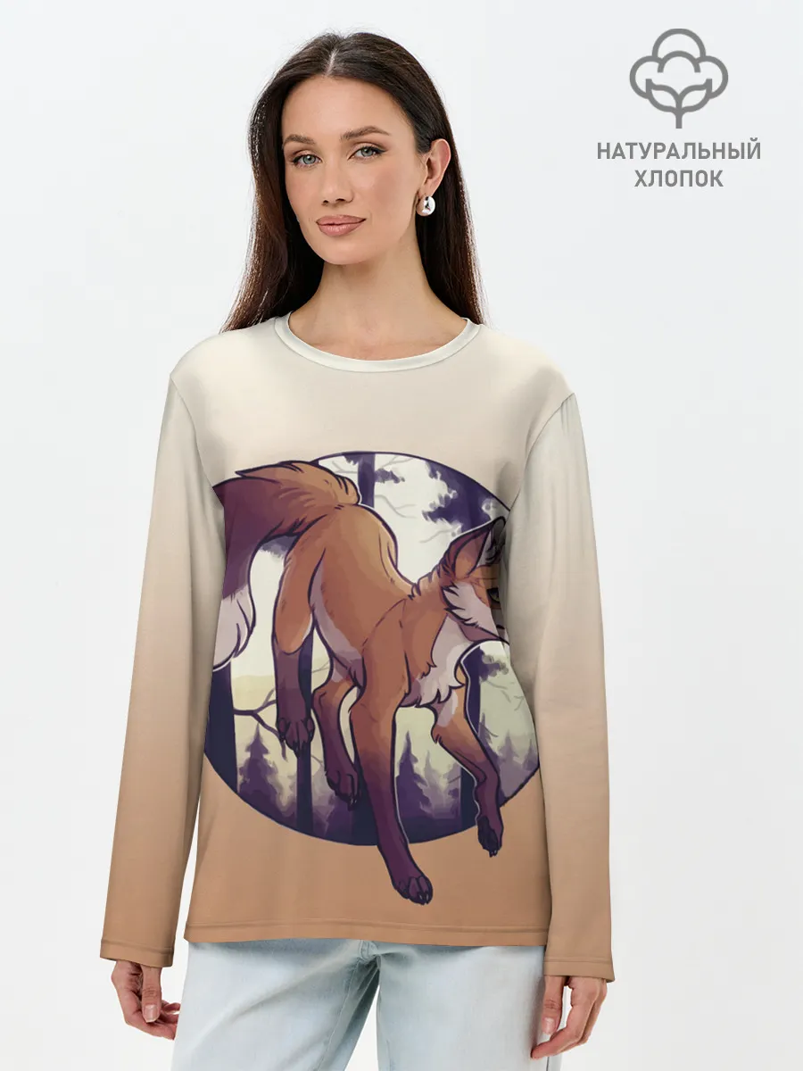 Лонгслив женский. Хлопок / Лисица рисунок