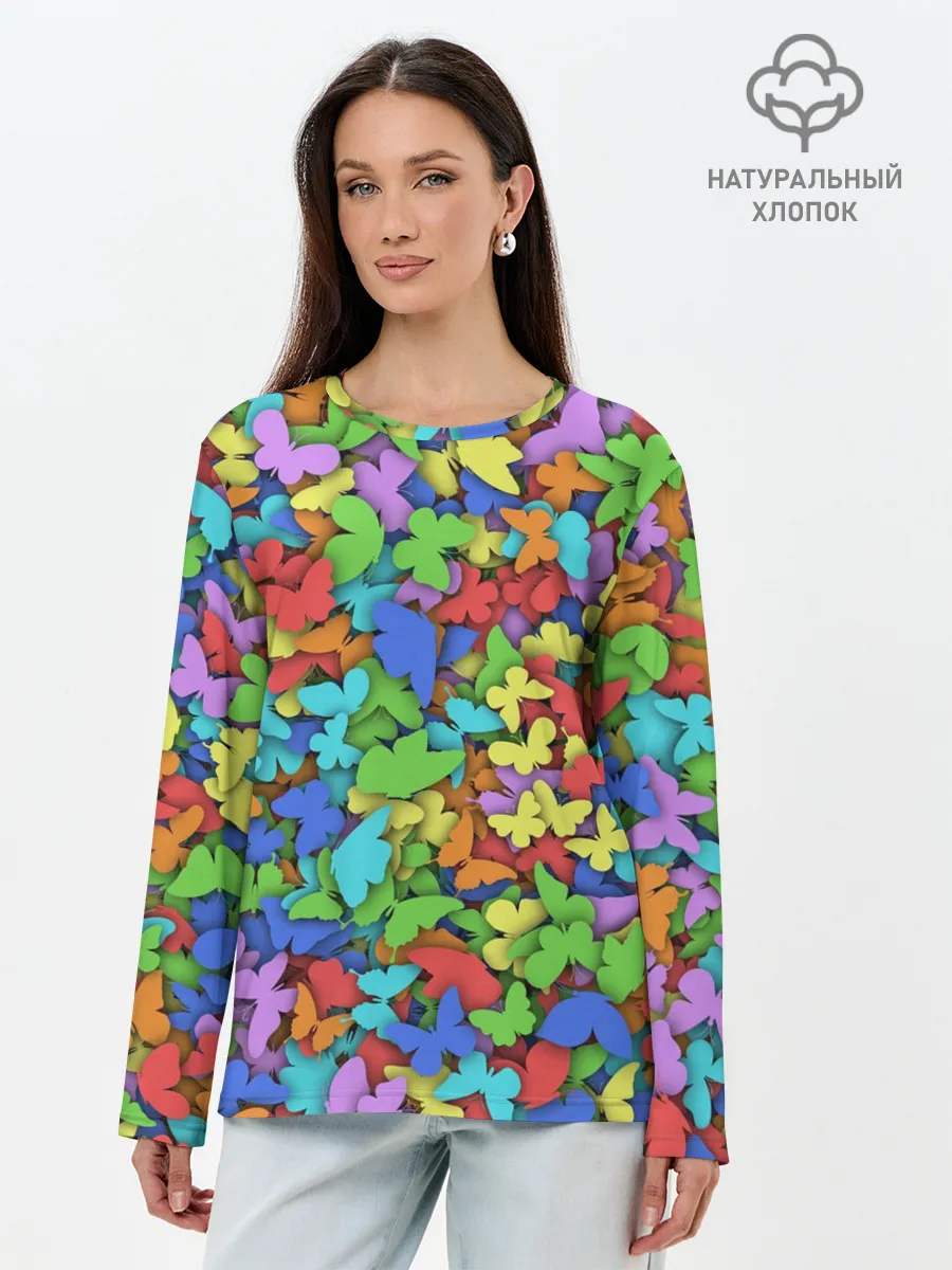 Лонгслив женский. Хлопок / Разноцветные бабочки