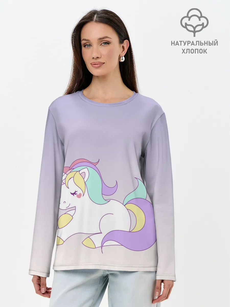 Лонгслив женский. Хлопок / единорожек на фиолетовом