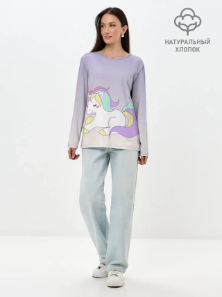 Лонгслив женский. Хлопок / единорожек на фиолетовом