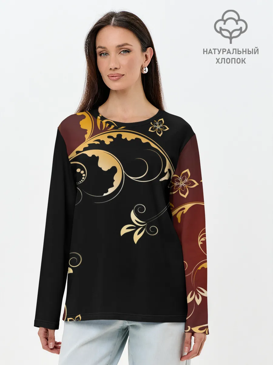 Лонгслив женский. Хлопок / Узор - Хохлома