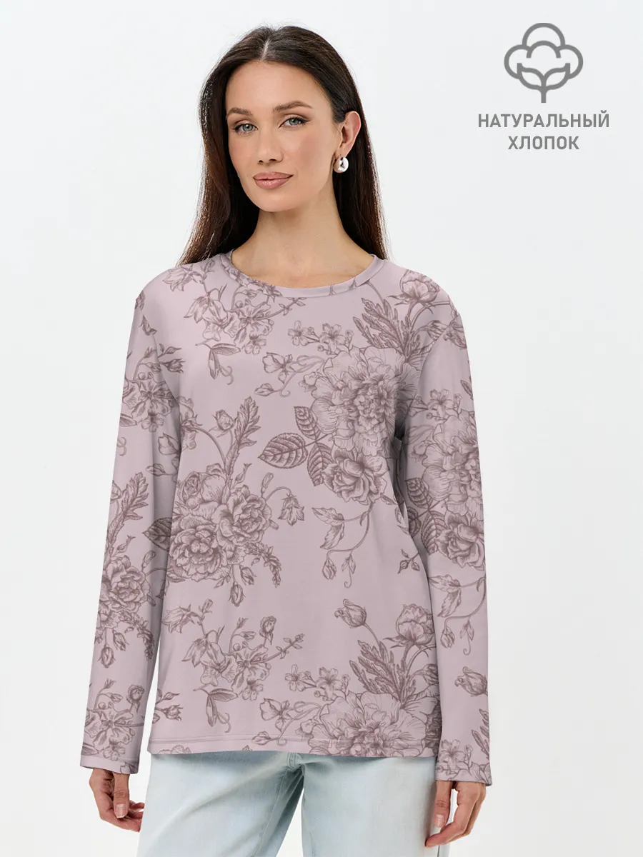 Лонгслив женский. Хлопок / розы с пионами