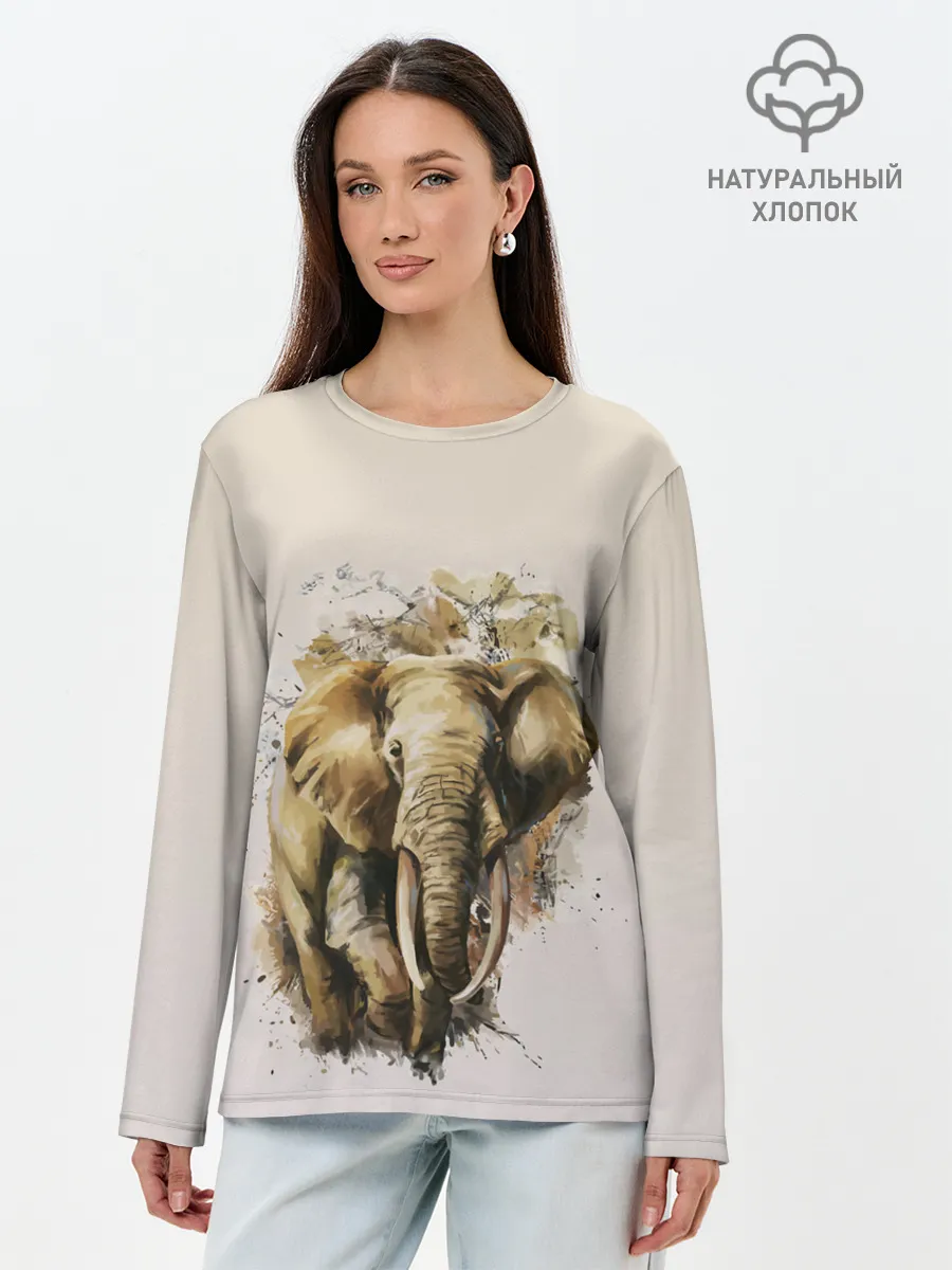 Лонгслив женский. Хлопок / акварельный слон брызги