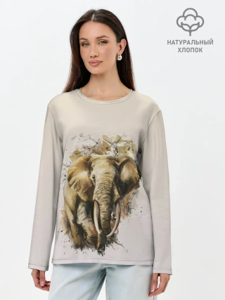 Лонгслив женский. Хлопок / акварельный слон брызги