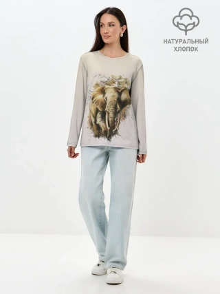 Лонгслив женский. Хлопок / акварельный слон брызги