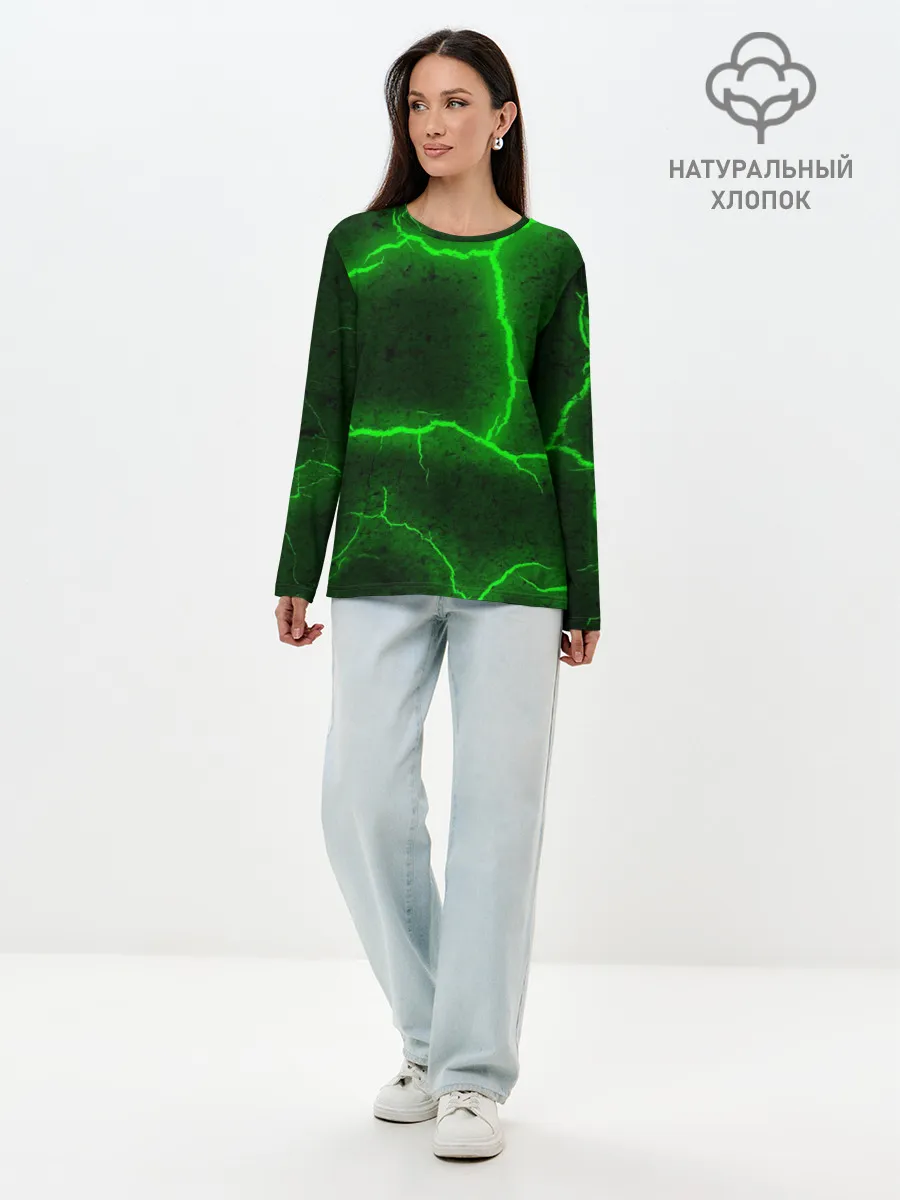 Лонгслив женский. Хлопок / К - 13 зелёная трещина 3D