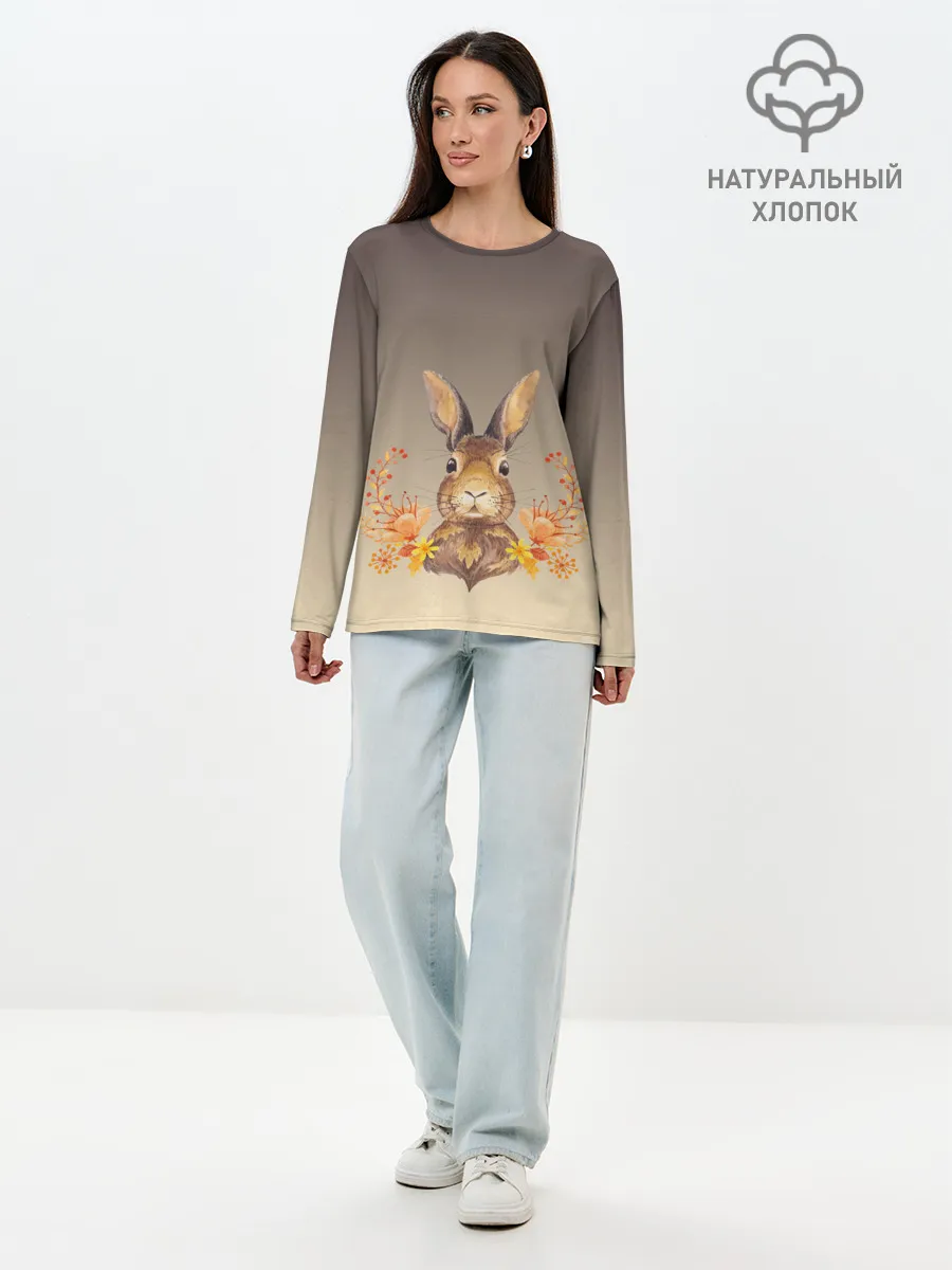 Лонгслив женский. Хлопок / заяц в цветочках