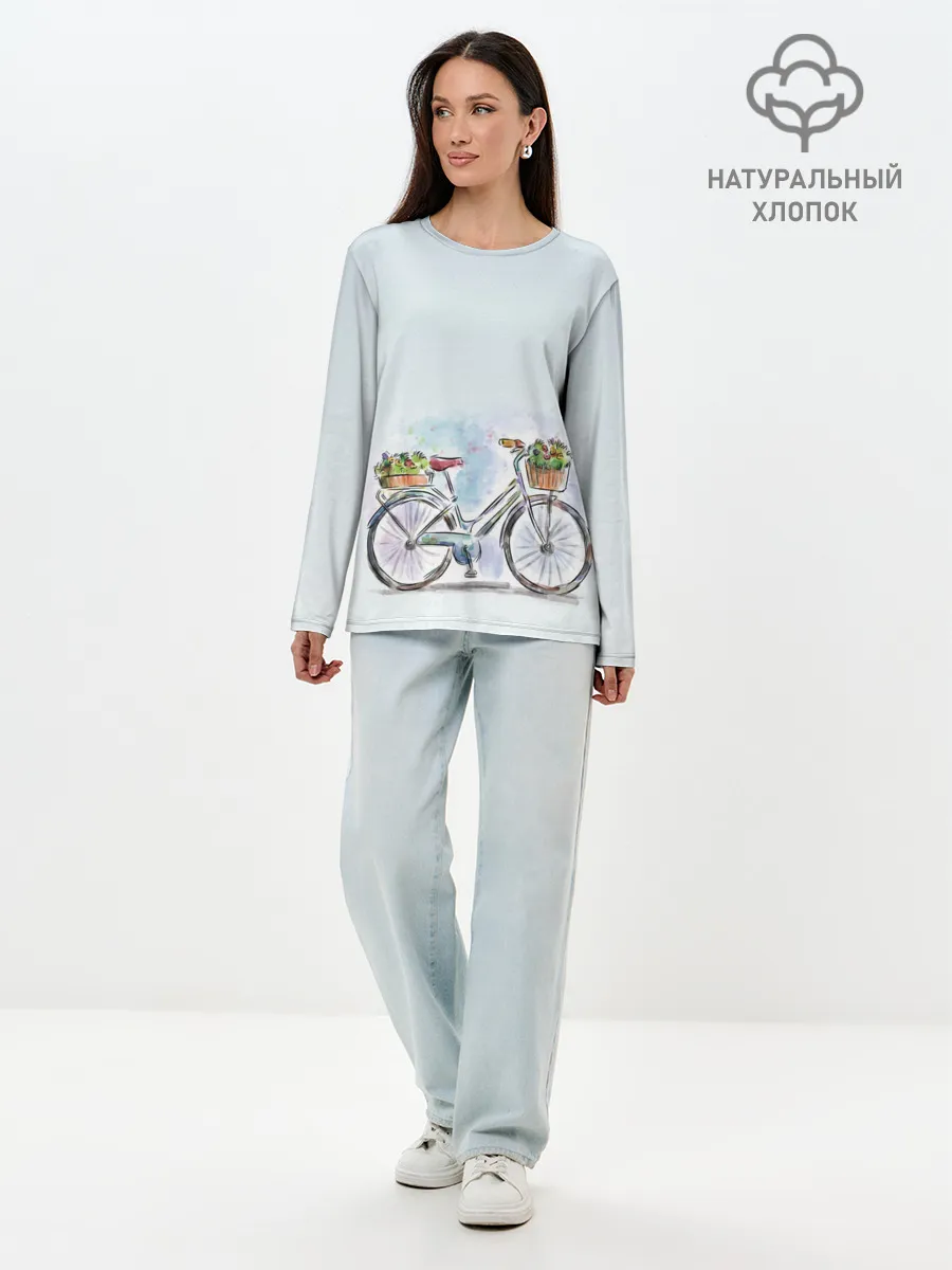 Лонгслив женский. Хлопок / акварельный велосипед