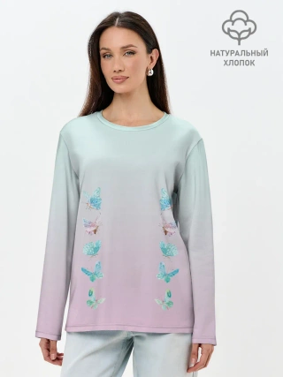 Лонгслив женский. Хлопок / акварельные бабочки