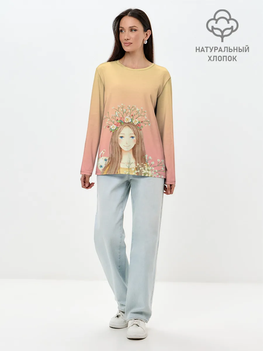 Лонгслив женский. Хлопок / девочка и кролик