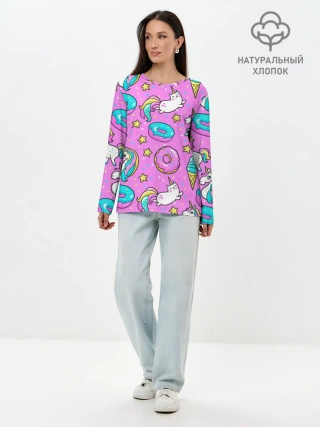 Лонгслив женский. Хлопок / Единороги с пончиками