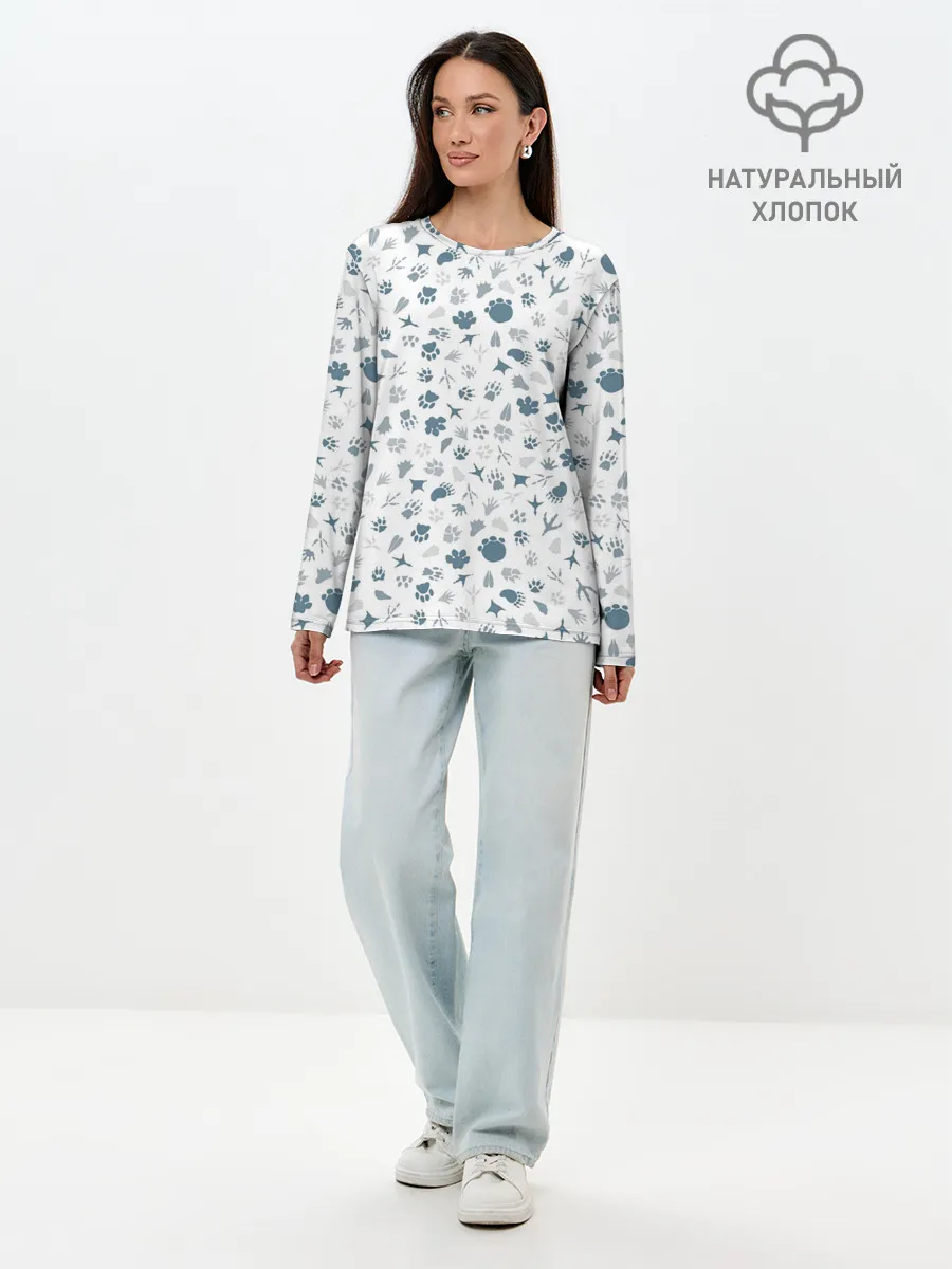 Лонгслив женский. Хлопок / Отпечатки лап животных