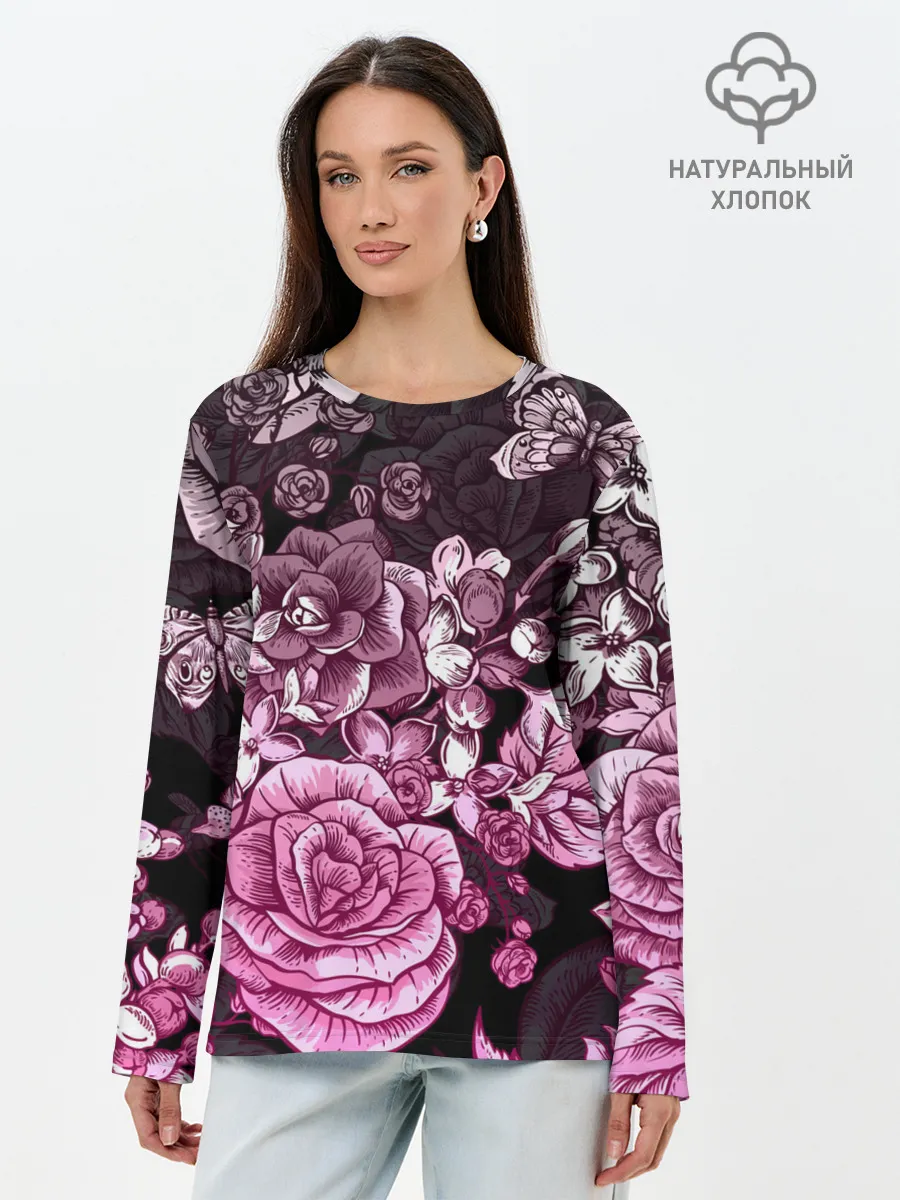 Лонгслив женский. Хлопок / РОЗЫ | ROSES | БАБОЧКИ