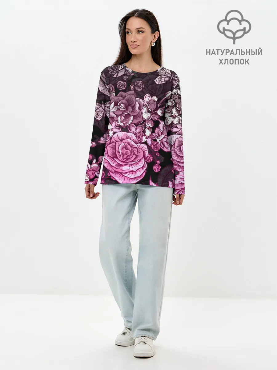 Лонгслив женский. Хлопок / РОЗЫ | ROSES | БАБОЧКИ