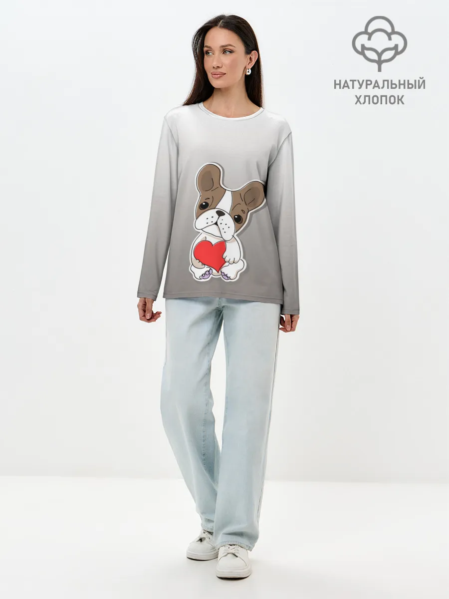 Лонгслив женский. Хлопок / французский бульдог сердечко