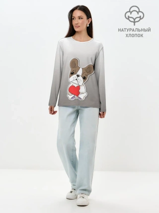 Лонгслив женский. Хлопок / французский бульдог сердечко