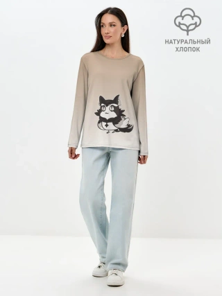 Лонгслив женский. Хлопок / сова котик аниме