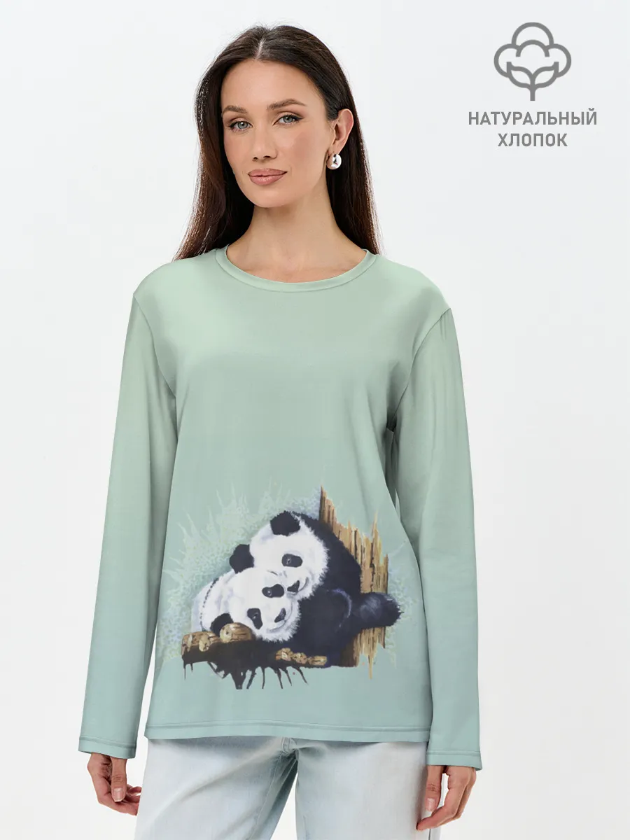 Лонгслив женский. Хлопок / акварельные панды