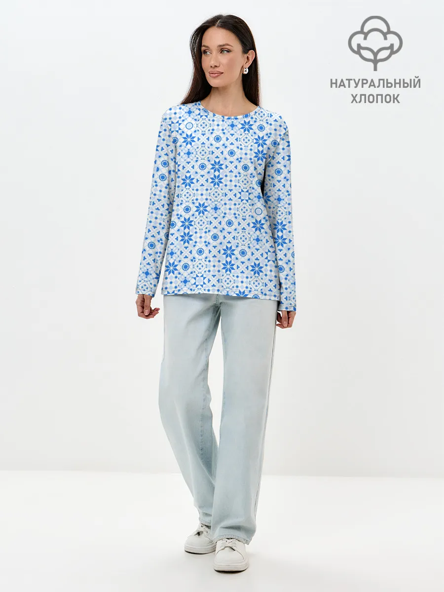 Лонгслив женский. Хлопок / Орнамент снежинки
