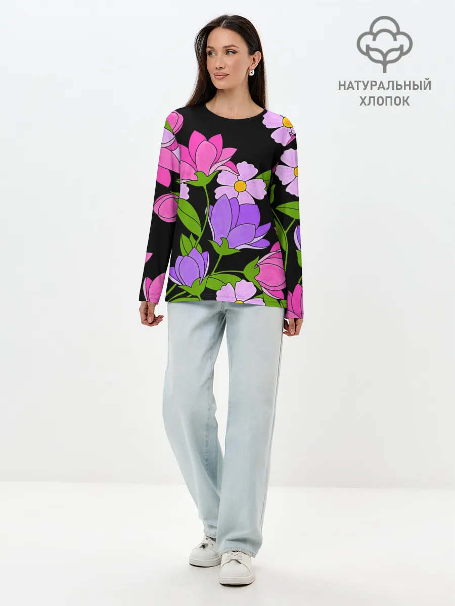 Лонгслив женский. Хлопок / Ночные цветы