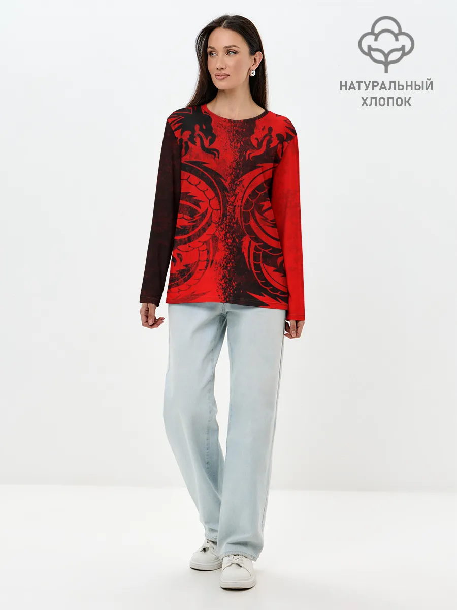 Лонгслив женский. Хлопок / BLACK RED DRAGONS TATOO