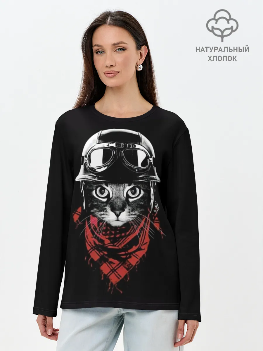 Лонгслив женский. Хлопок / Кот в каске