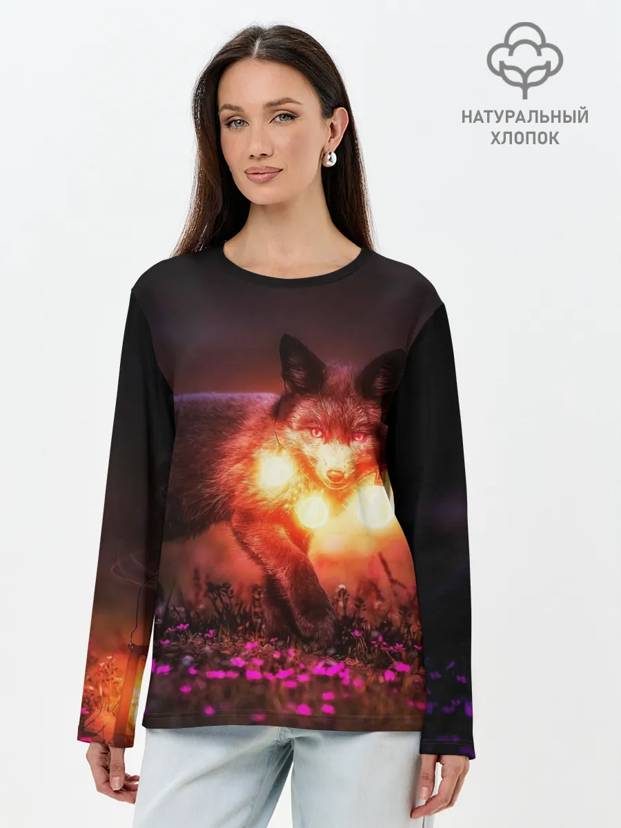Лонгслив женский. Хлопок / Лисица с фонариками