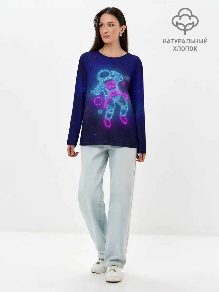 Лонгслив женский. Хлопок / Неоновый Космонавт