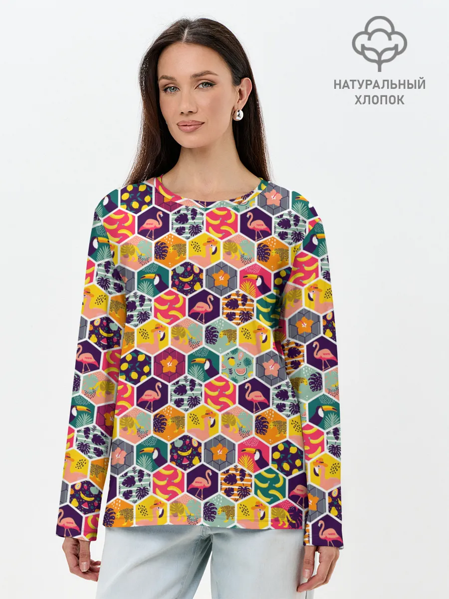 Лонгслив женский. Хлопок / Тропический коллаж
