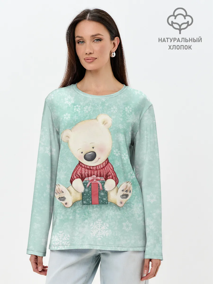 Лонгслив женский. Хлопок / Медвежонок с подарком
