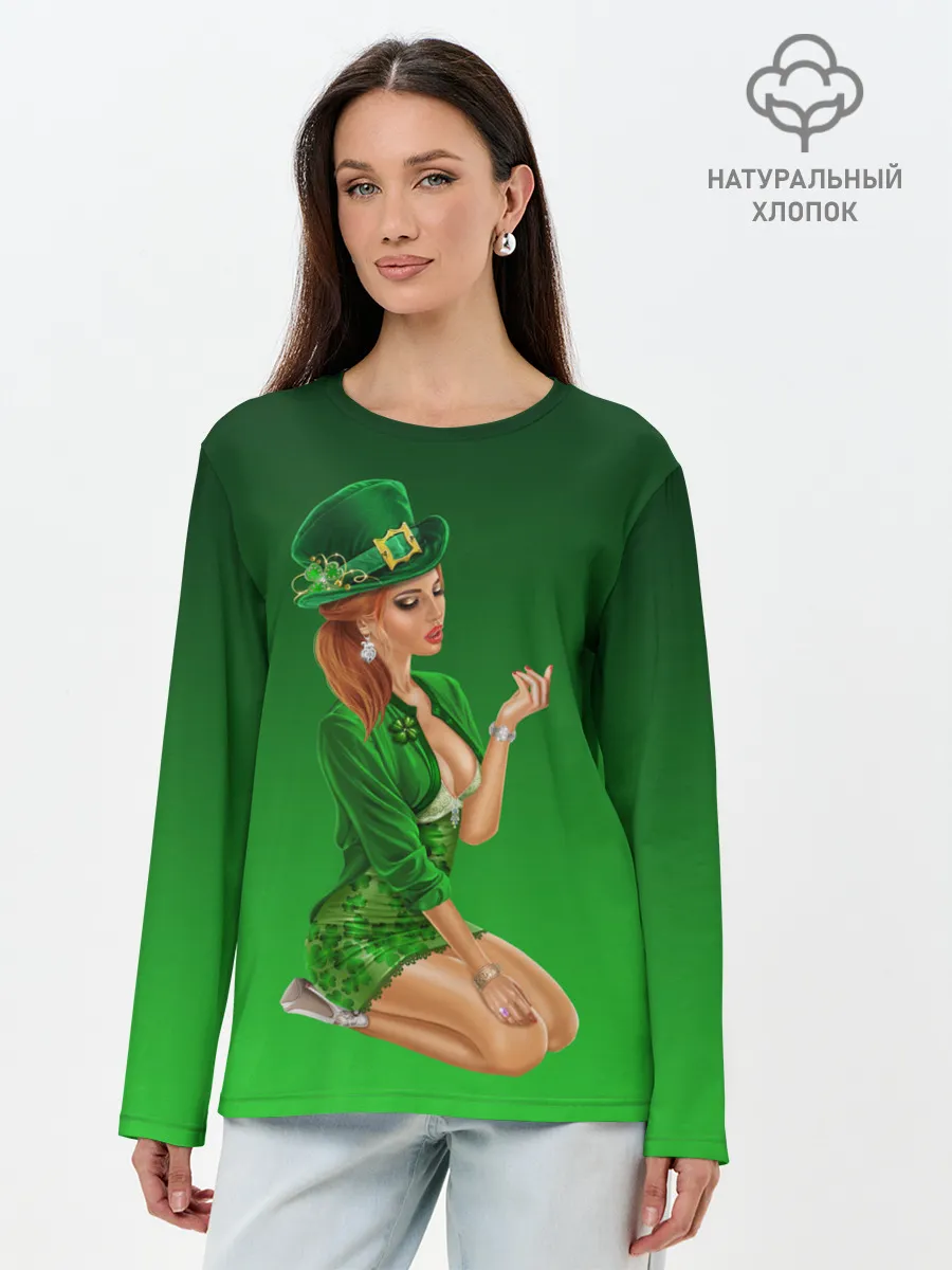 Лонгслив женский. Хлопок / девушка лепрекон в зеленом