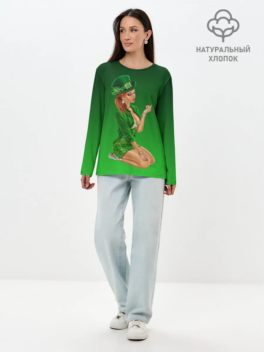 Лонгслив женский. Хлопок / девушка лепрекон в зеленом