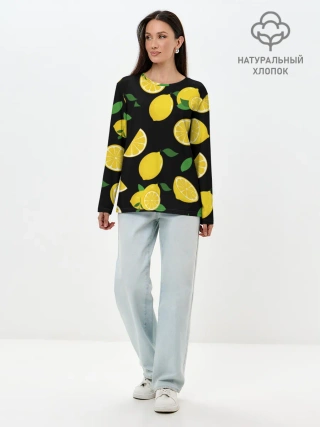 Лонгслив женский. Хлопок / Лимоны на чёрном