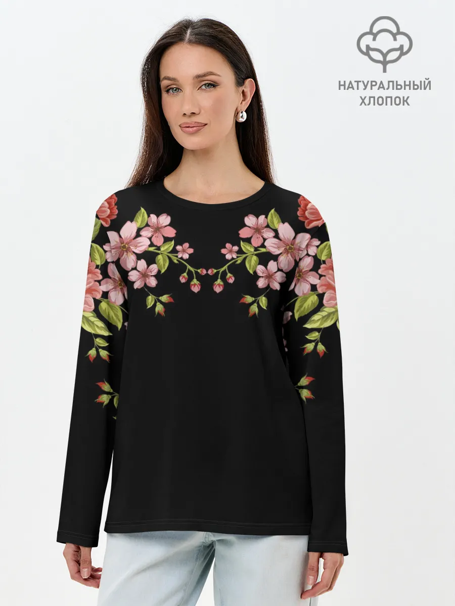 Лонгслив женский. Хлопок / Цветы