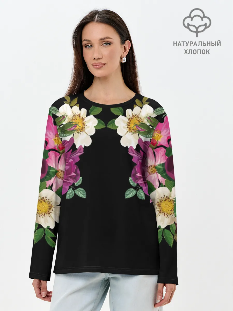 Лонгслив женский. Хлопок / Цветы