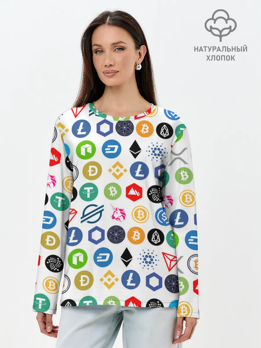Лонгслив женский. Хлопок / BITCOIN PATTERN | БИТКОИН